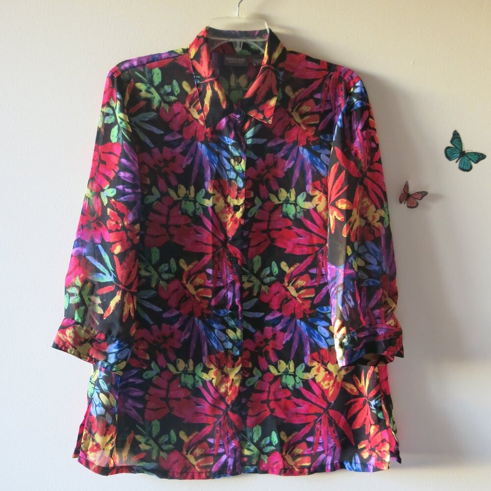 Chico's Floral Botanical Leaf Design Voile Long Sleeve Y2K Blouse Size 2 (M)